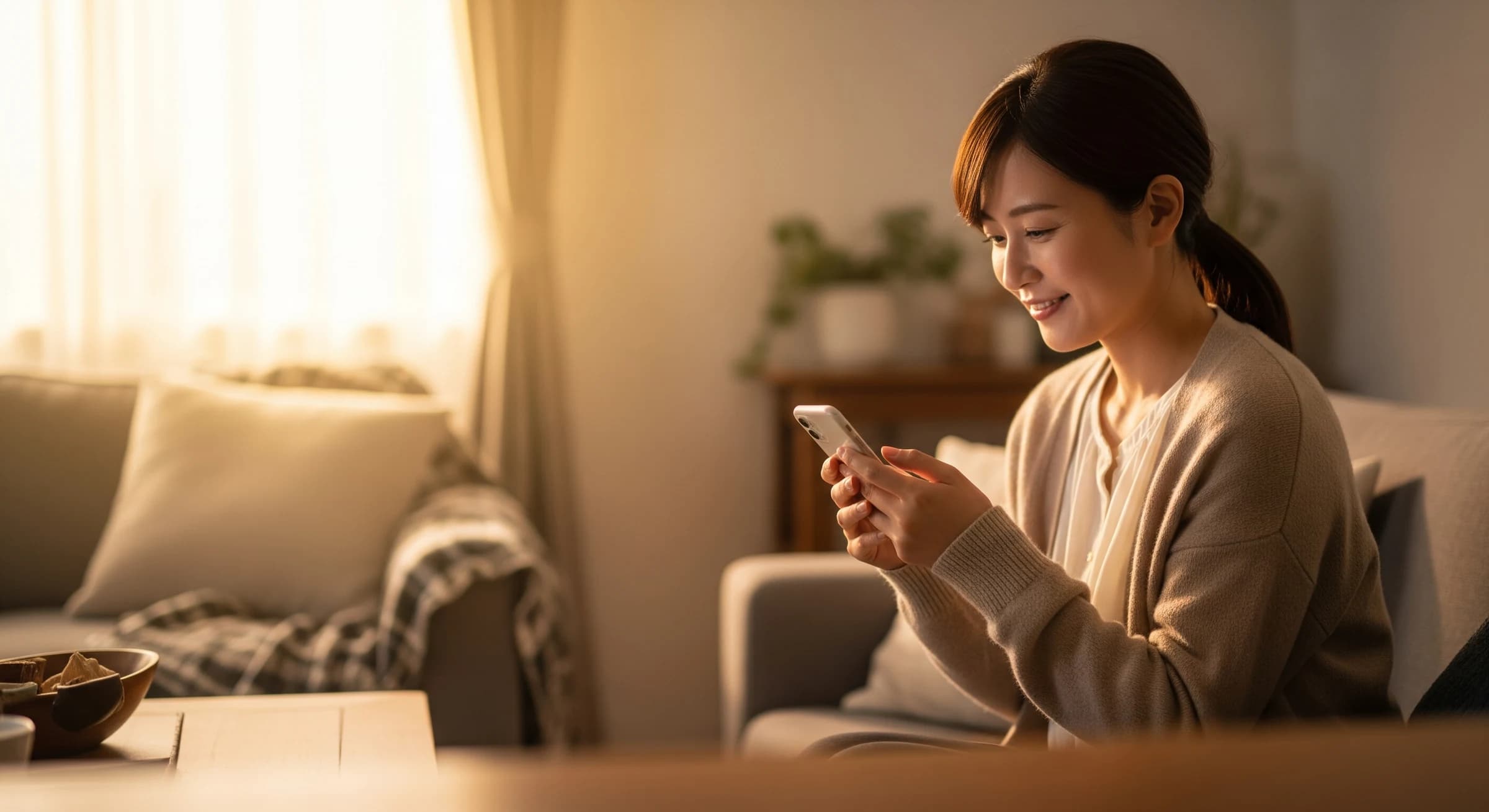 スマホで在宅ワークを楽しむ女性