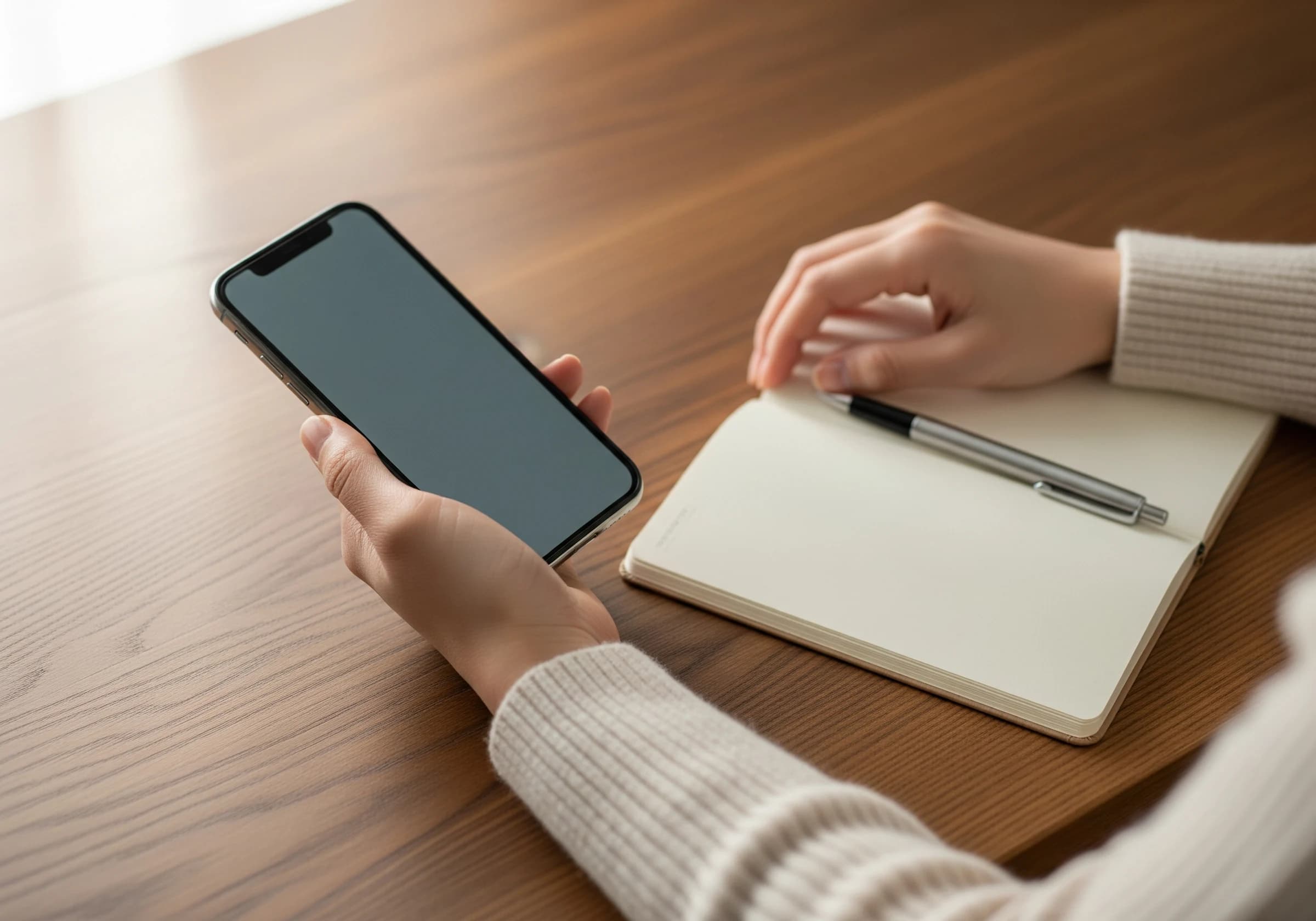 スマホと手帳を持つ女性の手元