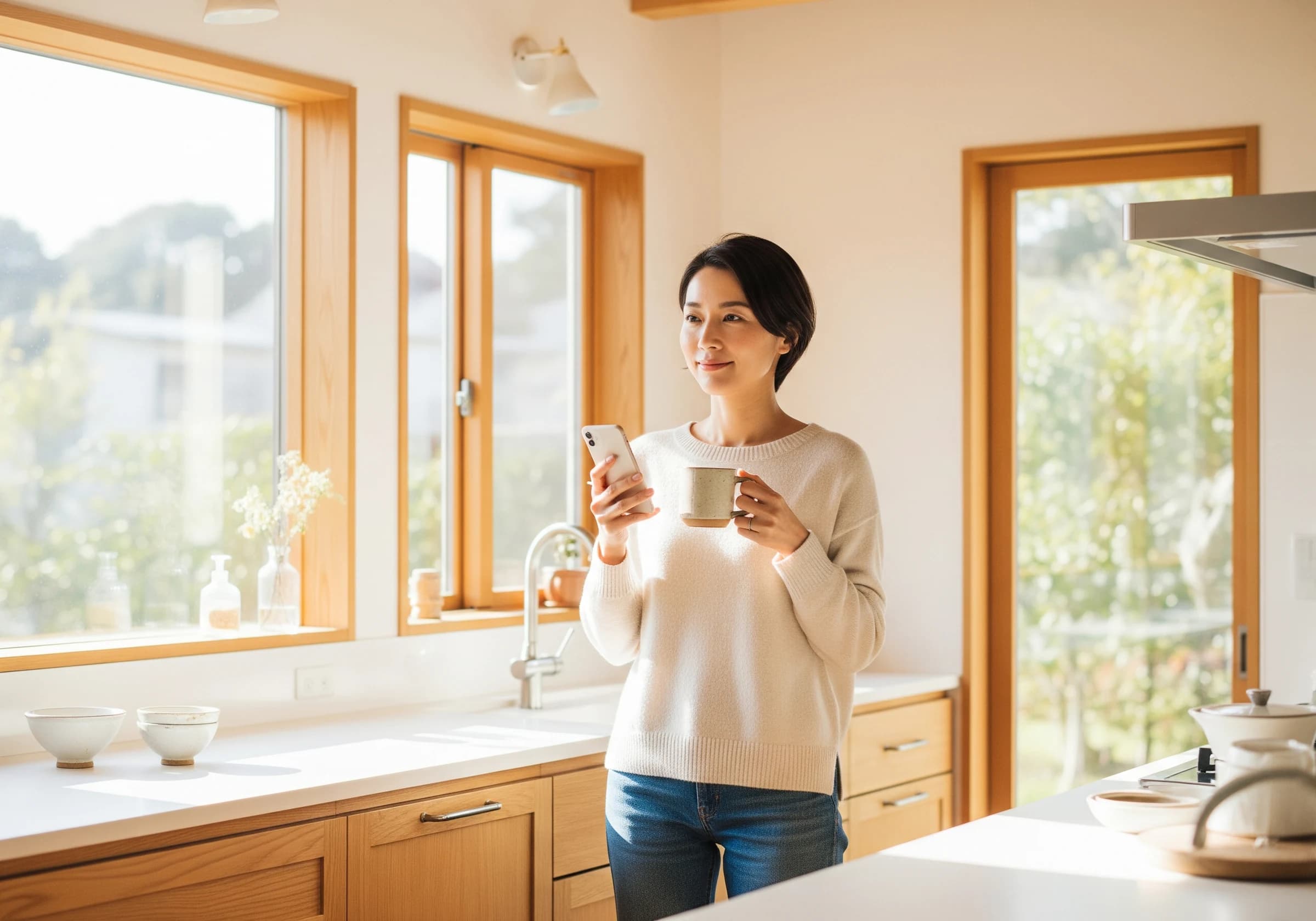 キッチンでコーヒーとスマホを手にする女性