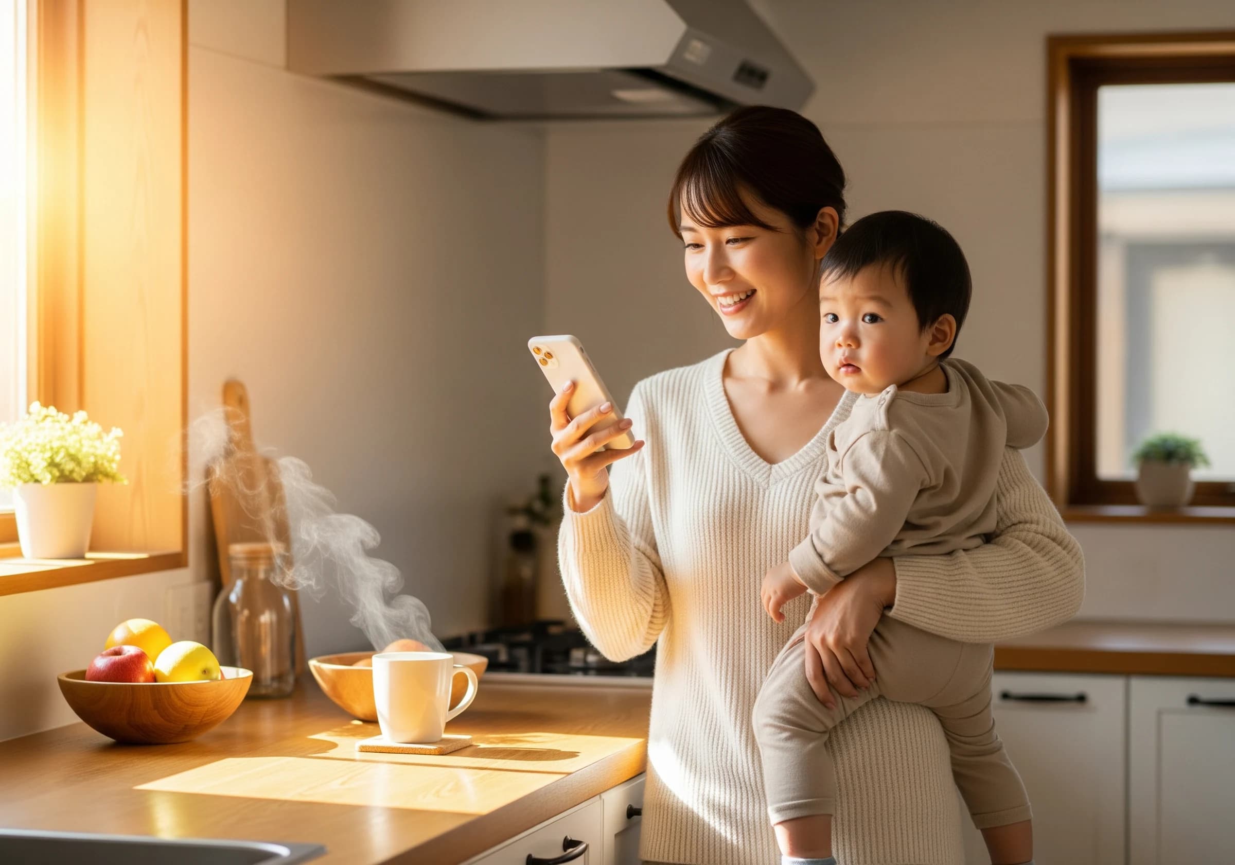 子どもを抱きながらスマホを見るお母さん
